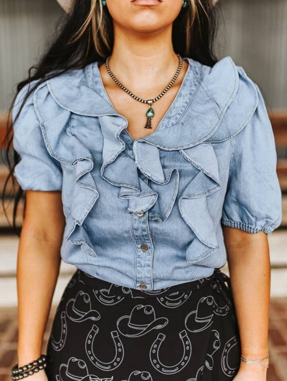 NEW Lucky And Blessed Light Wash Button Down Short Sleeve Light Denim Ruffle Top